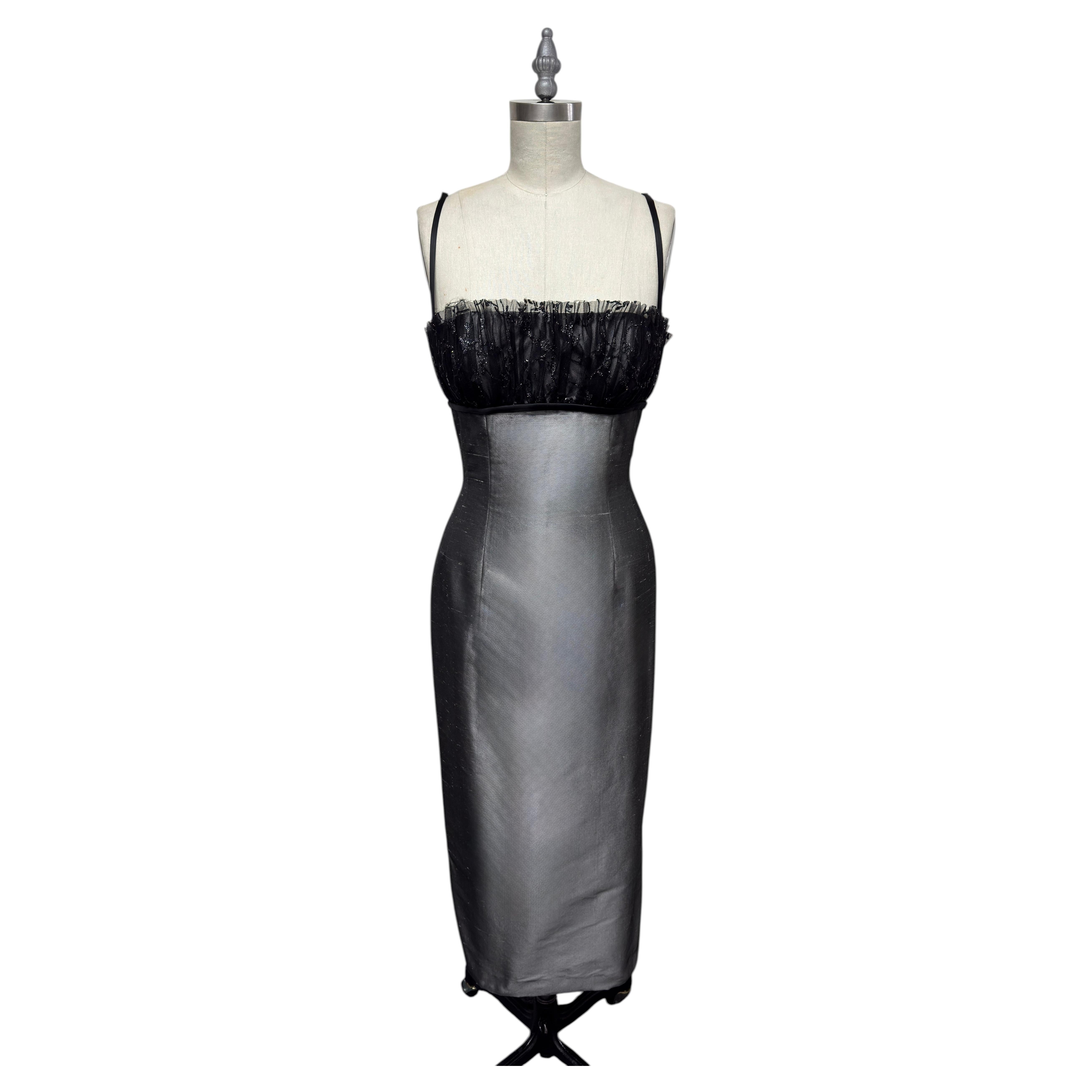 Silver Taffeta Silk Dress with Black Sequined Tulle Bustier and Back Pleat