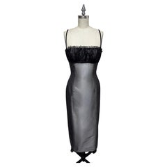 Silver Taffeta Silk Dress with Black Sequined Tulle Bustier and Back Pleat