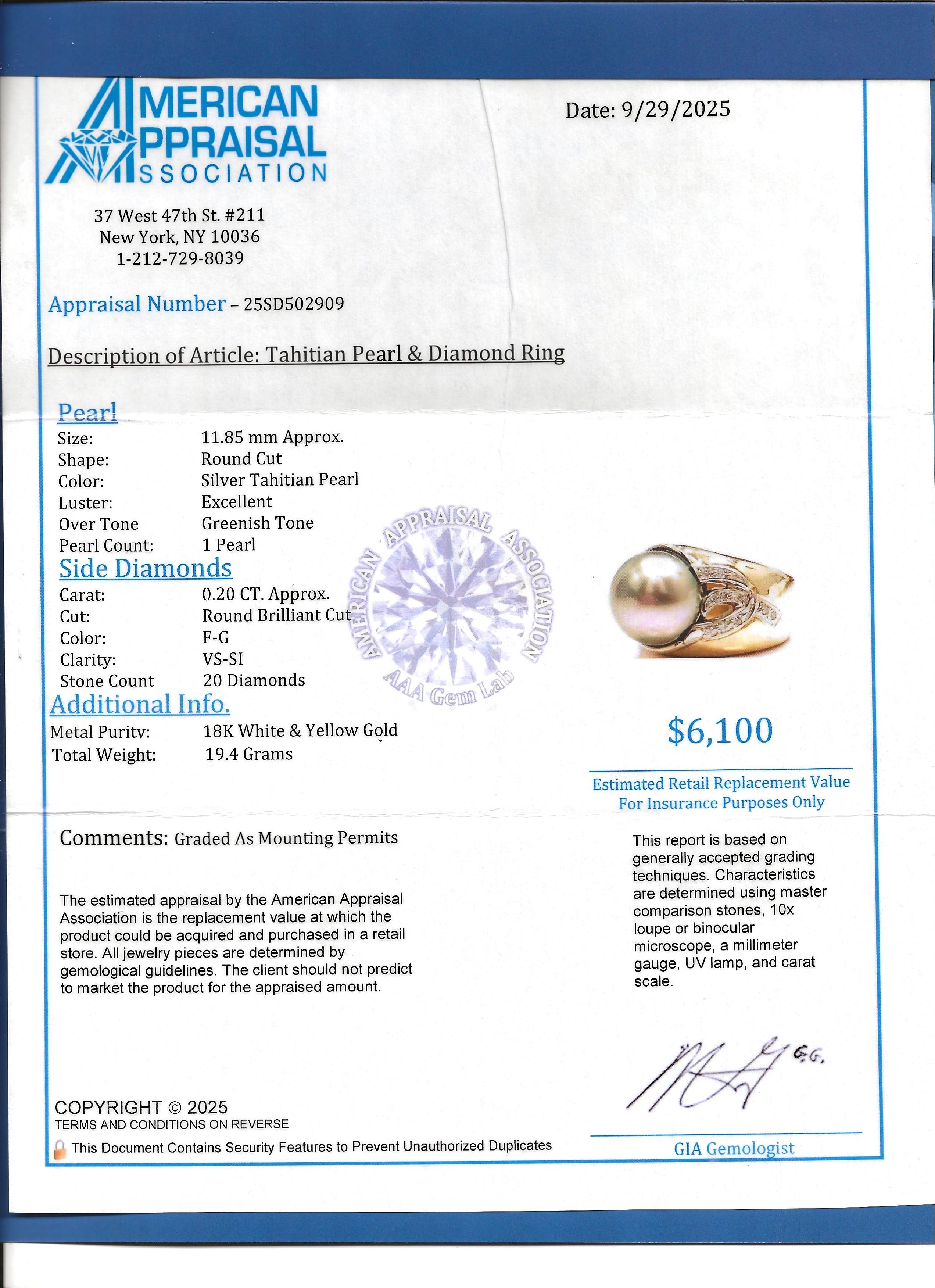 Anello a fascia larga in argento con perle di Tahiti e diamanti in oro bicolore 18 carati in vendita 5