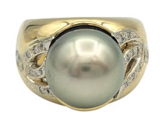 Silberner Tahiti-Perlen- und Diamantring mit breitem Band aus zweifarbigem 18 Karat Gold