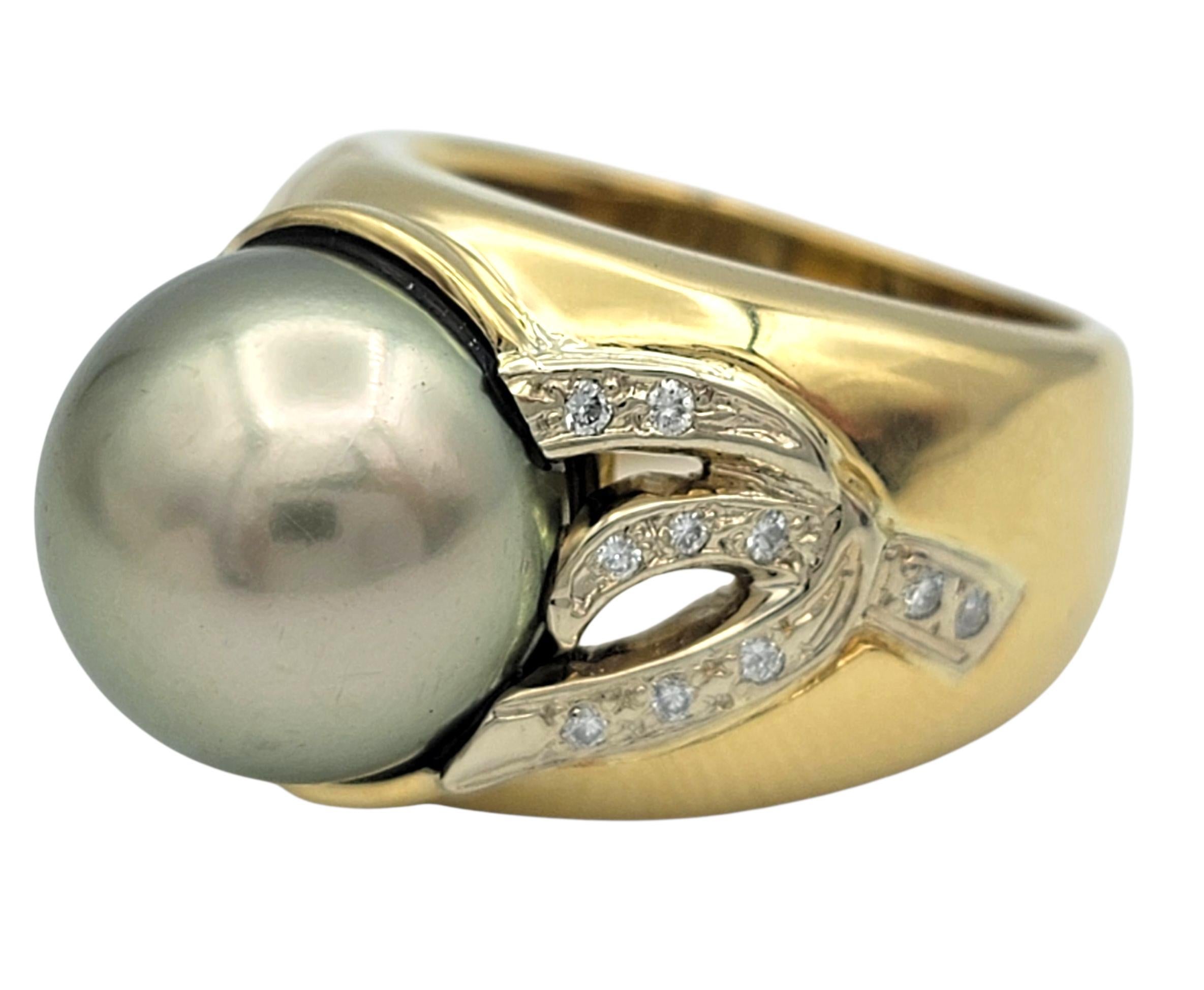 Anello a fascia larga in argento con perle di Tahiti e diamanti in oro bicolore 18 carati In condizioni buone in vendita a Scottsdale, AZ