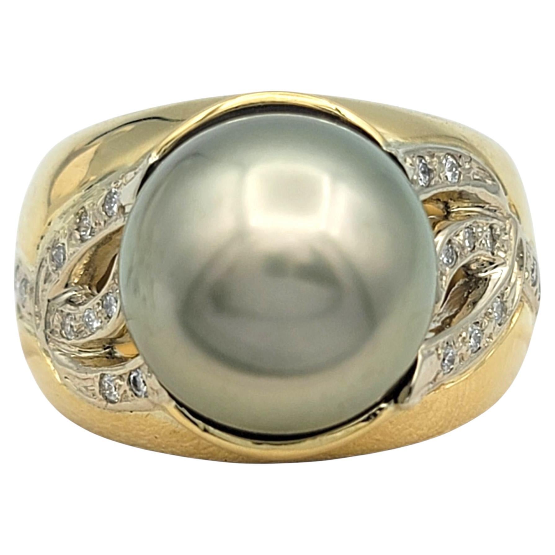 Anello a fascia larga in argento con perle di Tahiti e diamanti in oro bicolore 18 carati in vendita