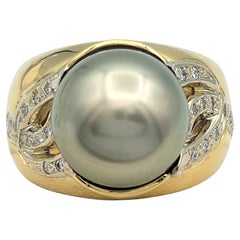 Silberner Tahiti-Perlen- und Diamantring mit breitem Band aus zweifarbigem 18 Karat Gold