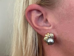 Silver Tahitian Pearl Baguette Diamond Earrings 18K Yellow Gold