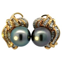 Silver Tahitian Pearl Baguette Diamond Earrings 18K Yellow Gold