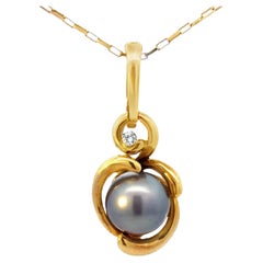 Silver Tahitian Pearl Diamond Pendant Necklace Solid 18k Yellow Gold