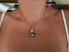 Silver Tahitian Pearl Diamond Pendant on Cable Link Chain 18k Yellow Gold