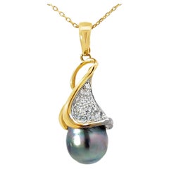 Silver Tahitian Pearl Diamond Pendant on Cable Link Chain 18k Yellow Gold