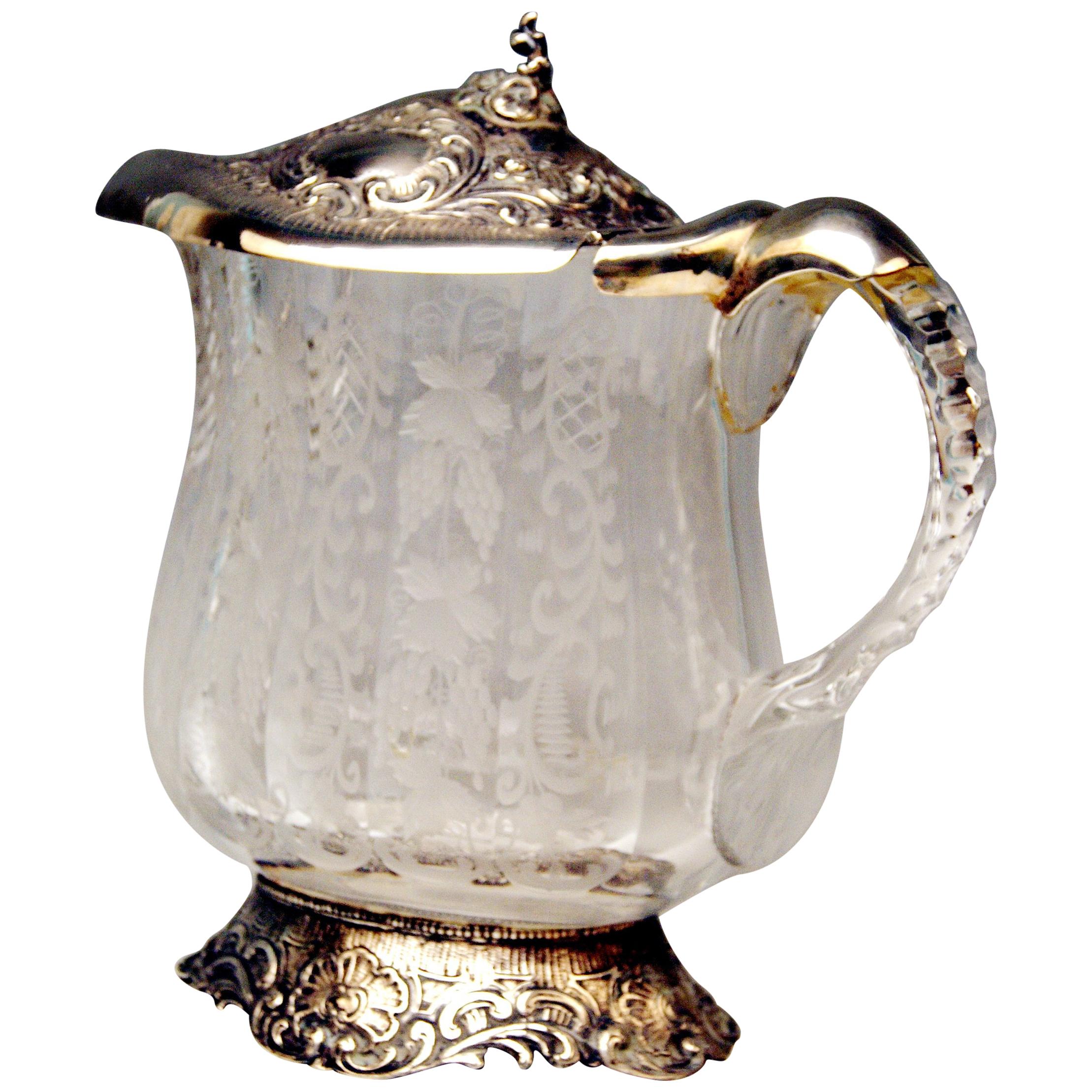 Silver Tall Wine Jug Pitcher Silver Mountings Cut Glass Germany, Made circa 1880