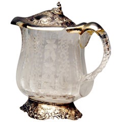 Silver Tall Wine Jug Pitcher Silver Mountings Cut Glass Germany, Made circa 1880