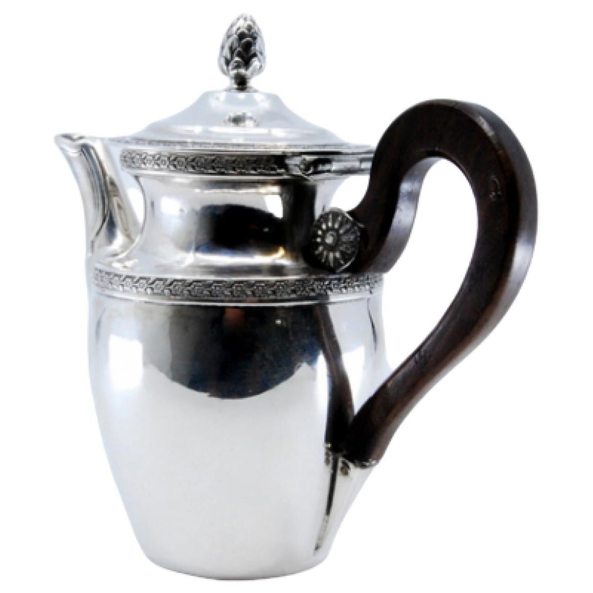 Silver teapot w/ engraved plant motifs, wooden handle
knob on the hinged lid