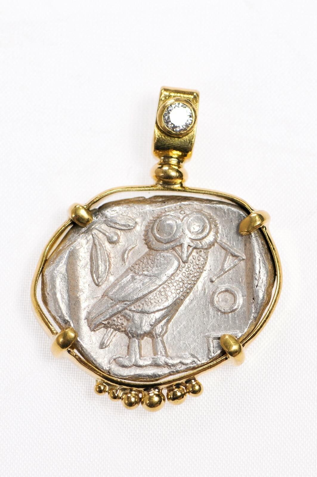 Classical Greek Silver Tetradrachm Owl Pendant w/Diamond For Sale