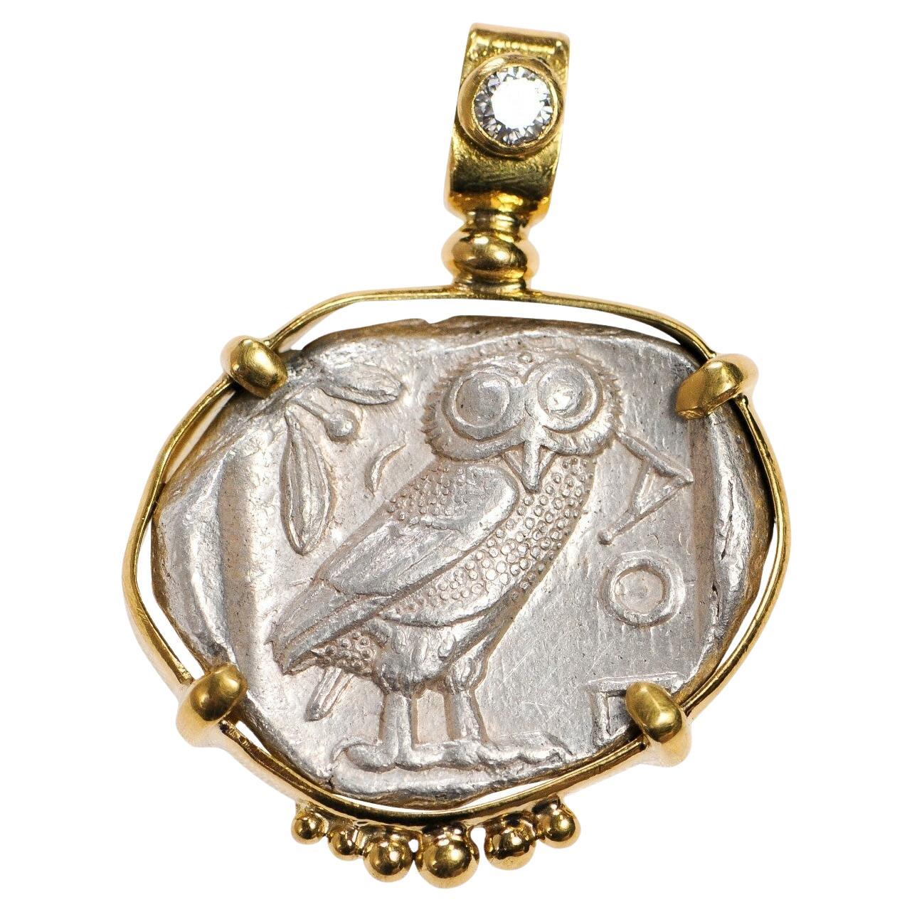 Silver Tetradrachm Owl Pendant w/Diamond For Sale