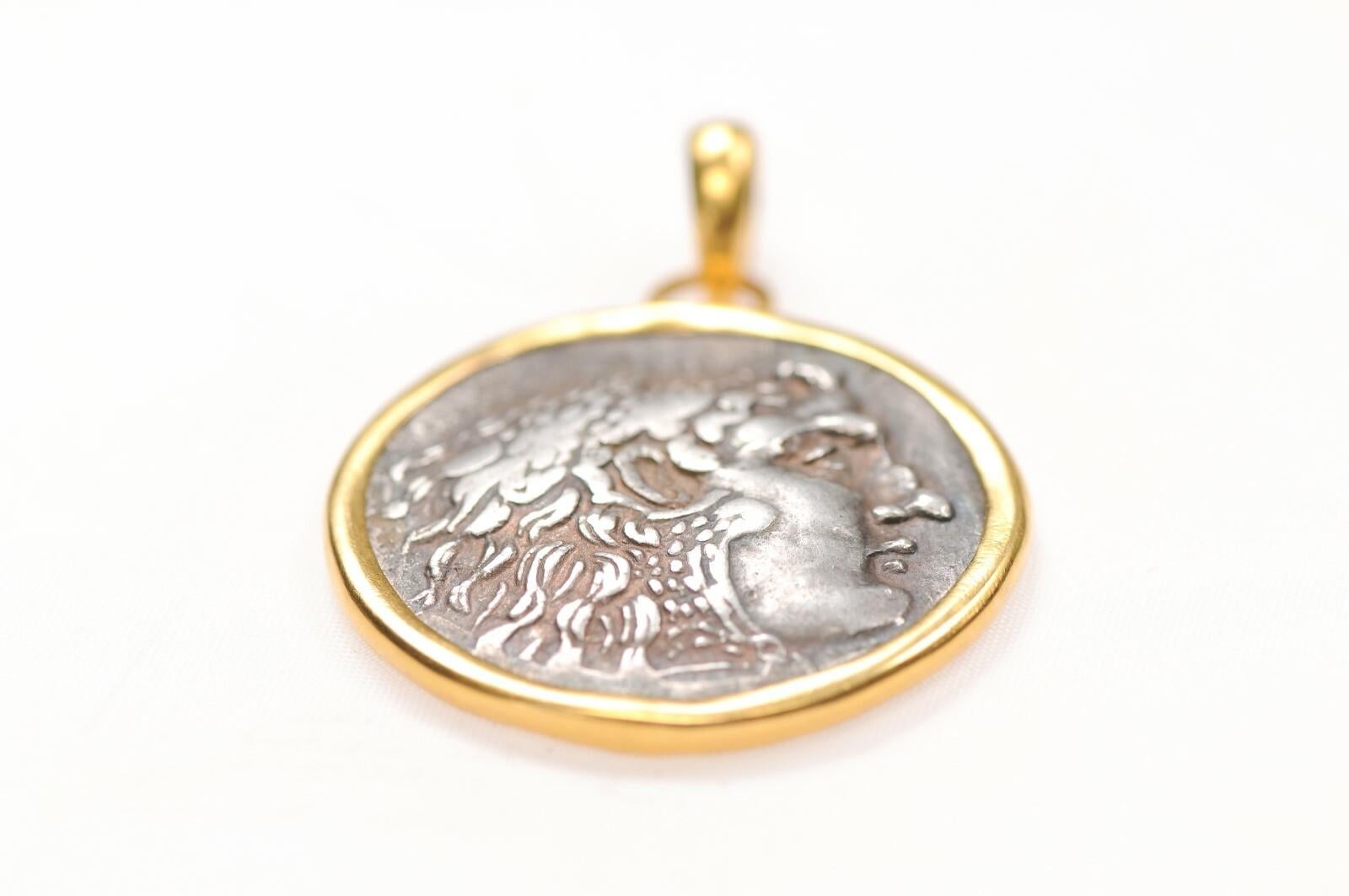 Tetradracma d'argento Alexander il Grande con bordo in oro 22k In condizioni ottime in vendita a Atlanta, GA