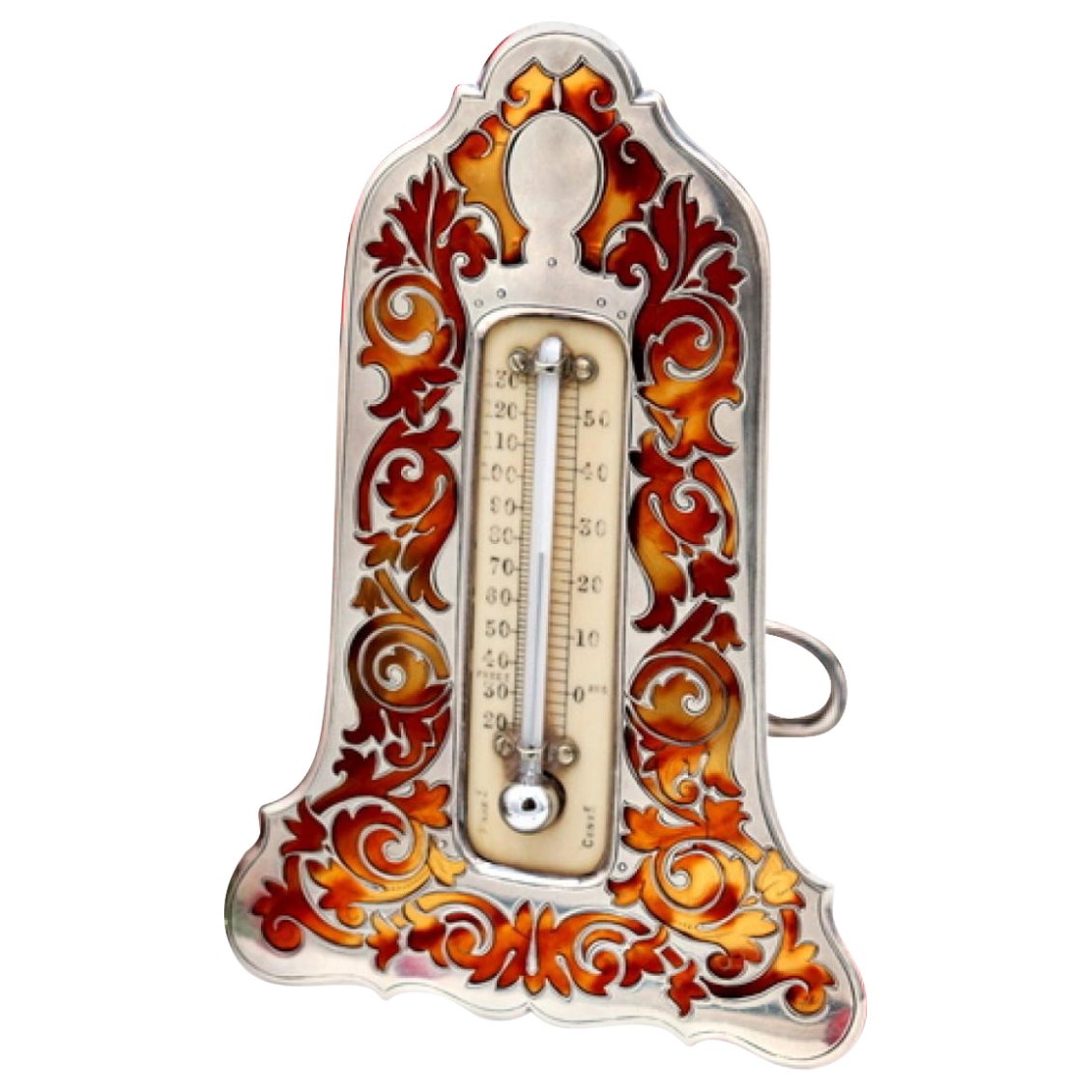 Silver thermometer with reliefs, table stand and hanging ring For Sale