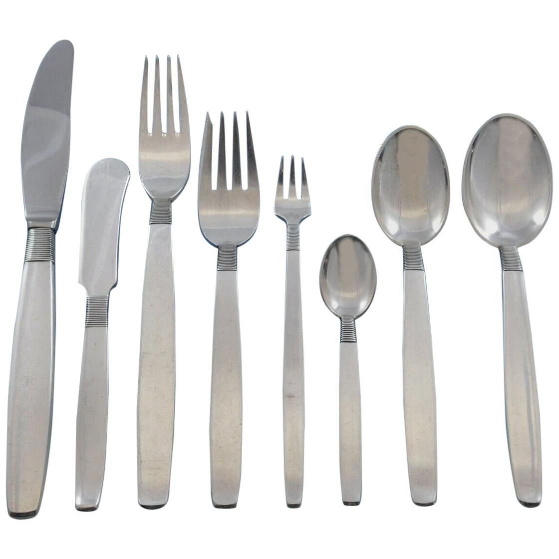 Silver Thread by Hingelberg Danish Sterling Silver Flatware Set Service 104 Pcs For Sale