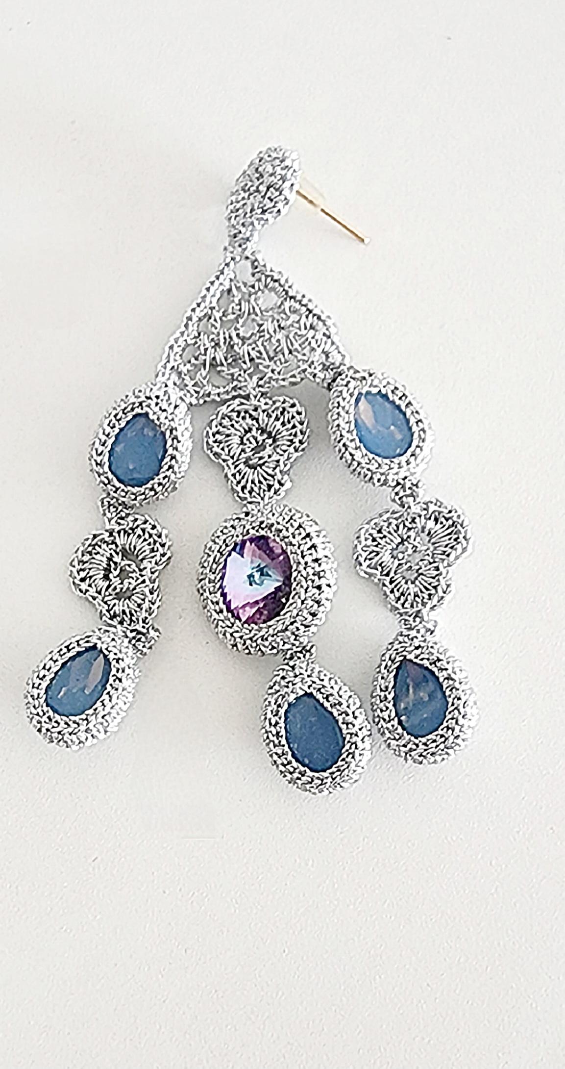 Women's Silver Thread Swarovski Crystals Crochet Chandelier Earrings For Sale
