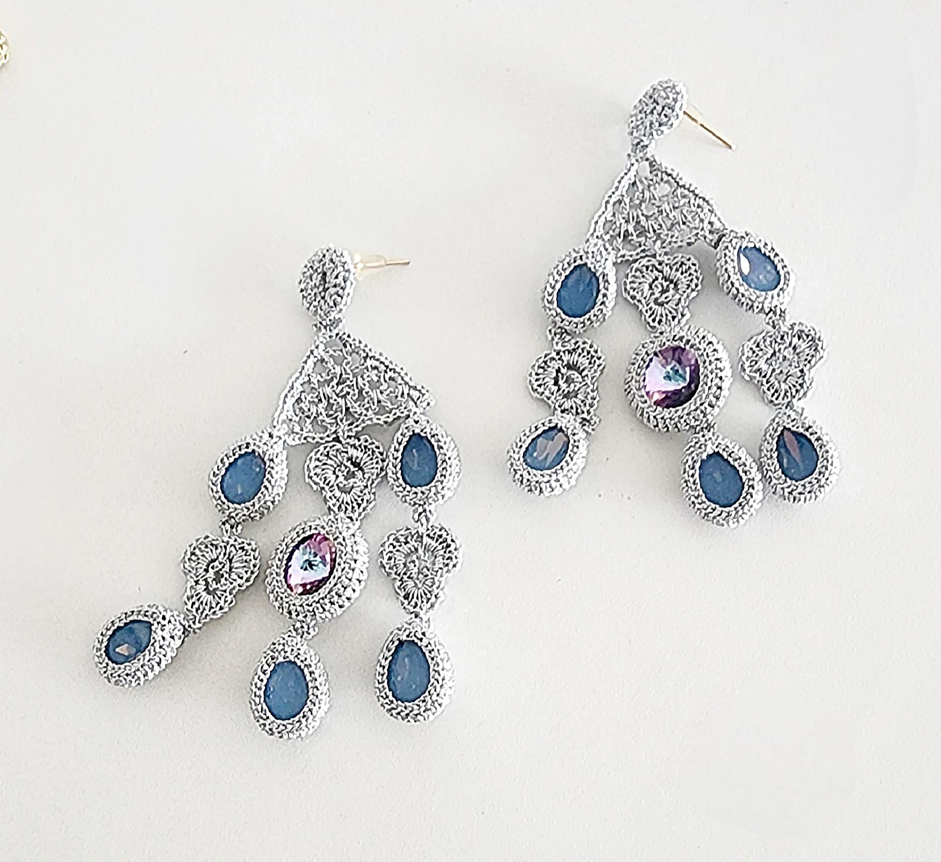 Silver Thread Swarovski Crystals Crochet Chandelier Earrings For Sale 1