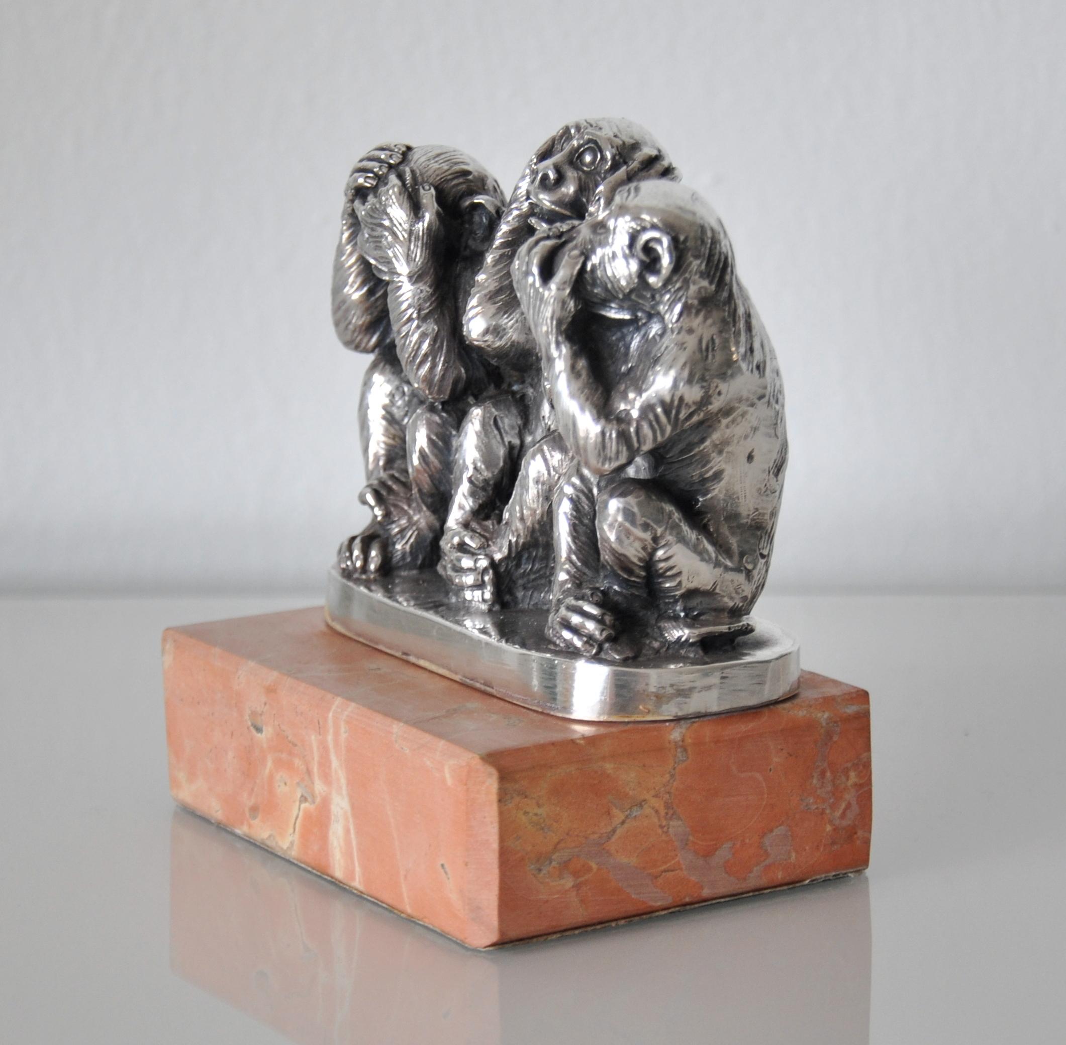 Italian Silver and Marble Three Wise Monkeys Sculpture