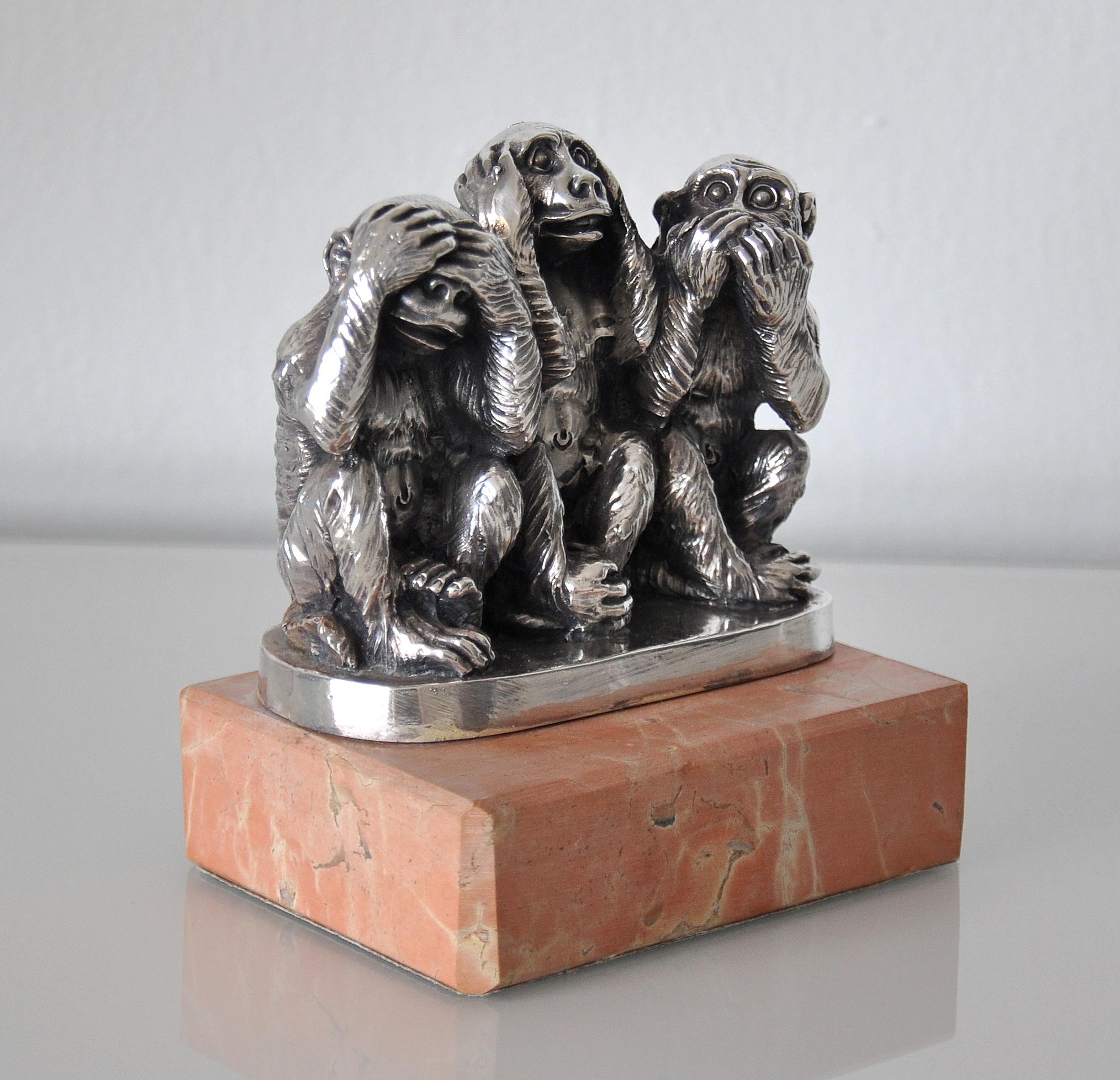 Silver and Marble Three Wise Monkeys Sculpture In Good Condition In Miami, FL