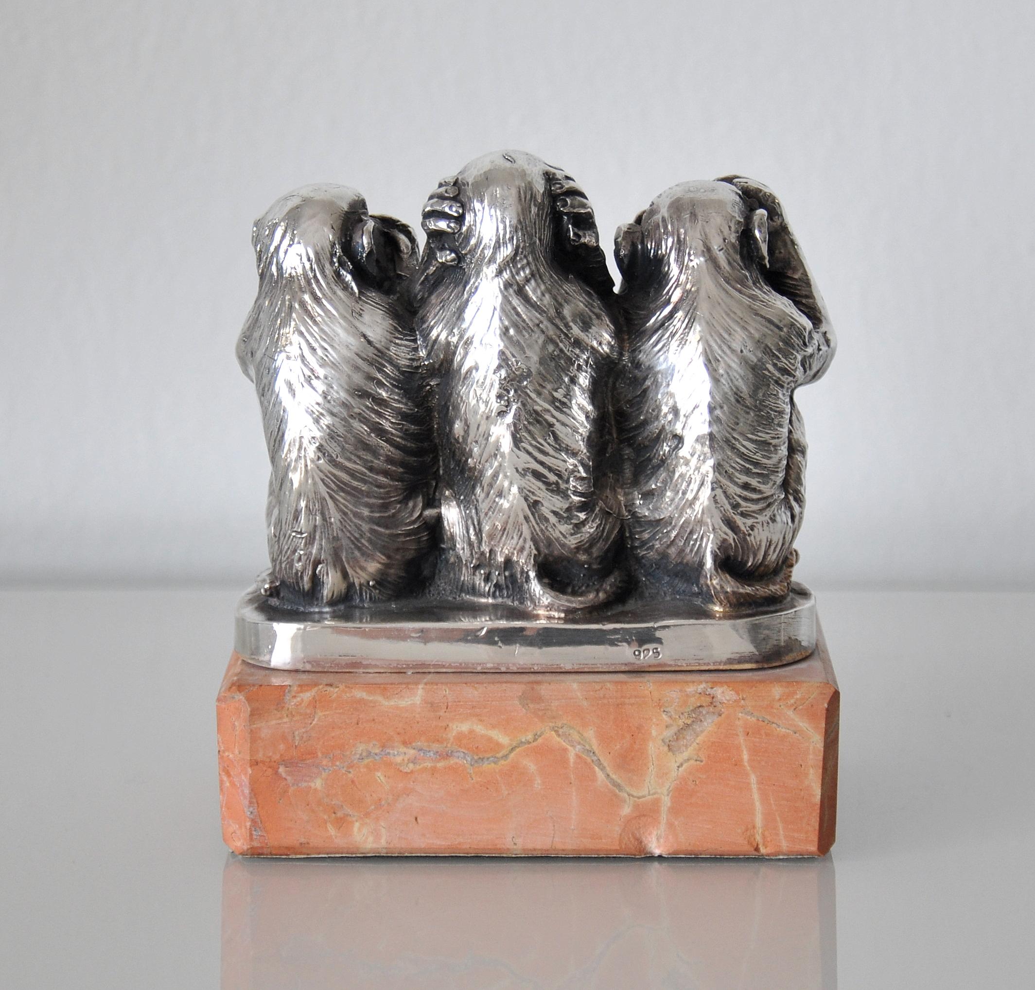 Early 20th Century Silver and Marble Three Wise Monkeys Sculpture