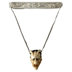 Silver Tie Bar with Horned Figure Detail of Bone