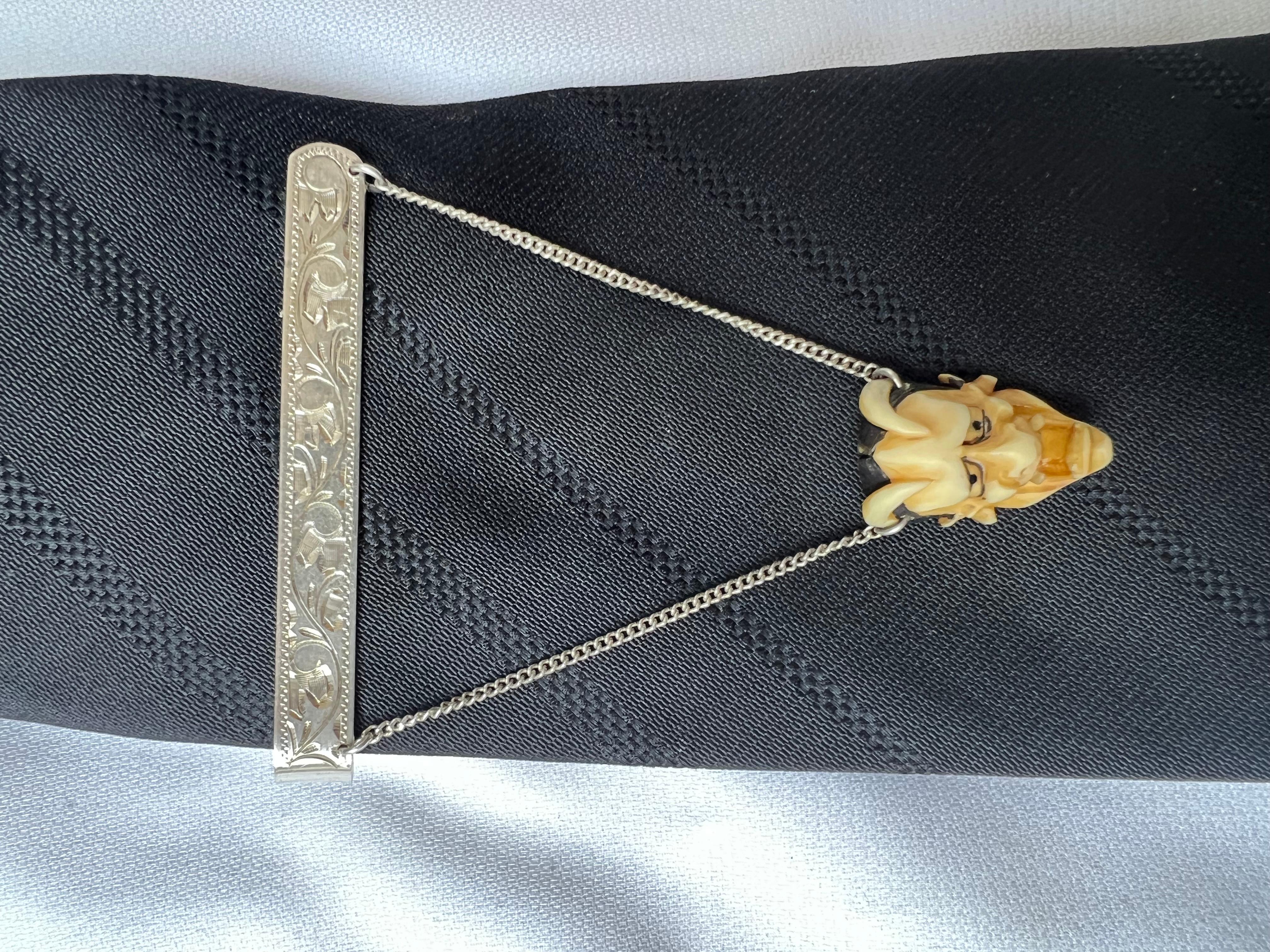 Silver Tie Bar with Horned Figure Detail of Bone For Sale 1