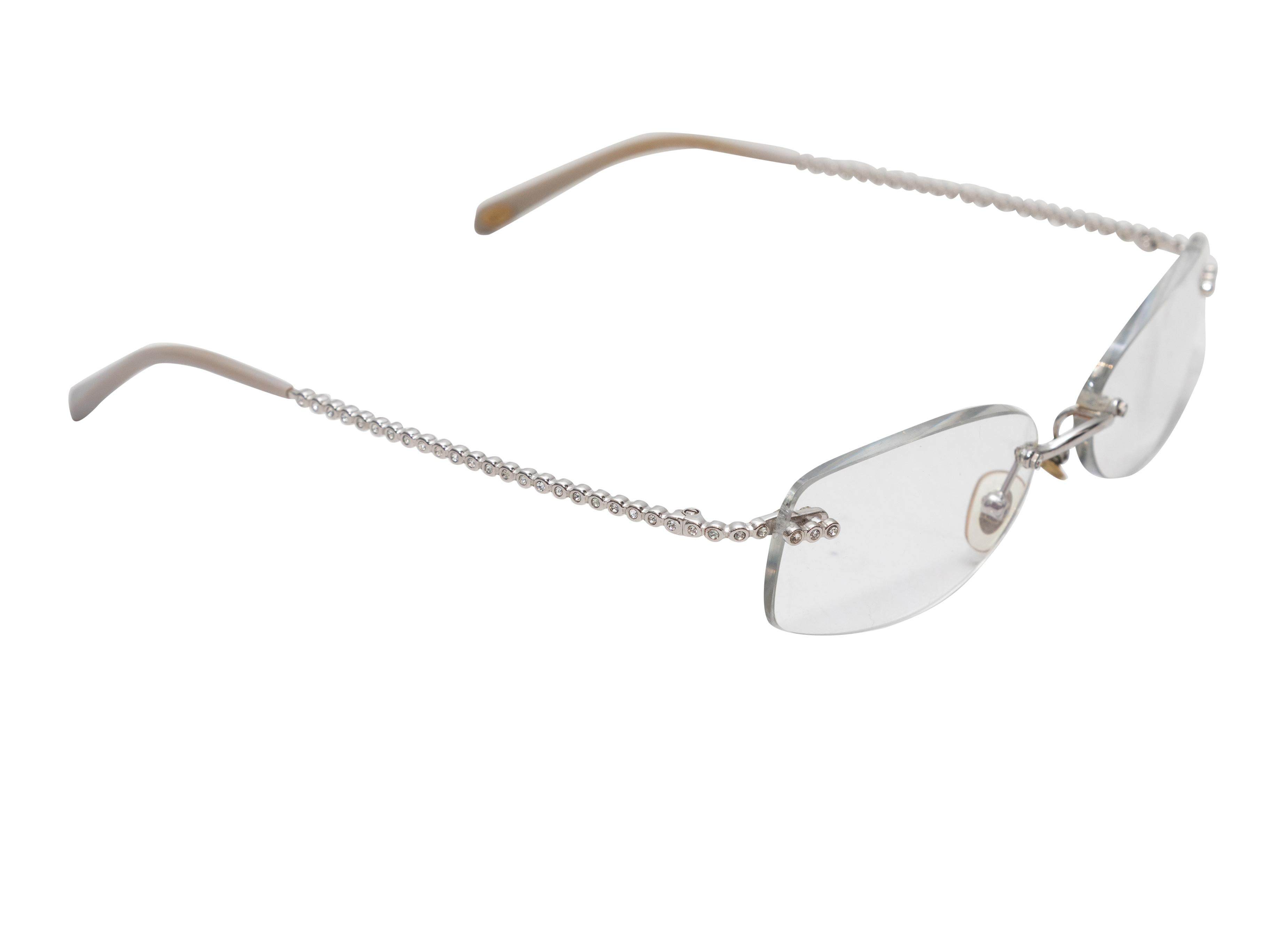 Occhiali da vista senza montatura in metallo argentato di Tiffany & Co. Abbellimenti di cristallo sulle braccia. Altezza 1,5