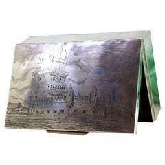 Silver tobacco box with Belém Tower engraving and wooden interior