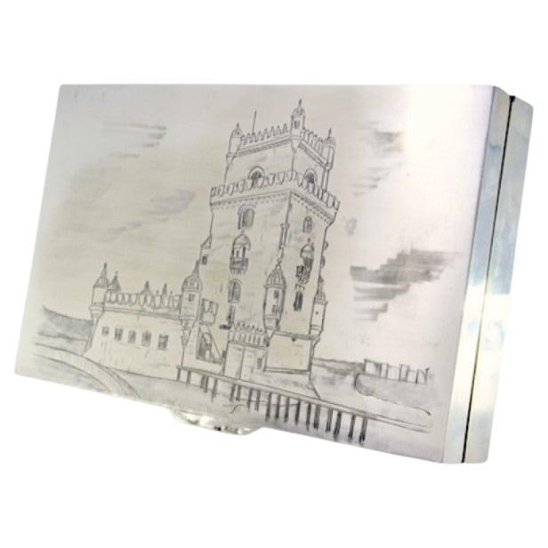 Silver tobacco box with engraved Belém Tower and wood-lined interior