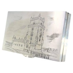 Silver tobacco box with engraved Belém Tower and wood-lined interior
