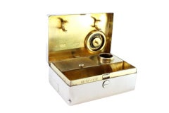 Silver toiletry box for lipstick, candle and matches with gold interior