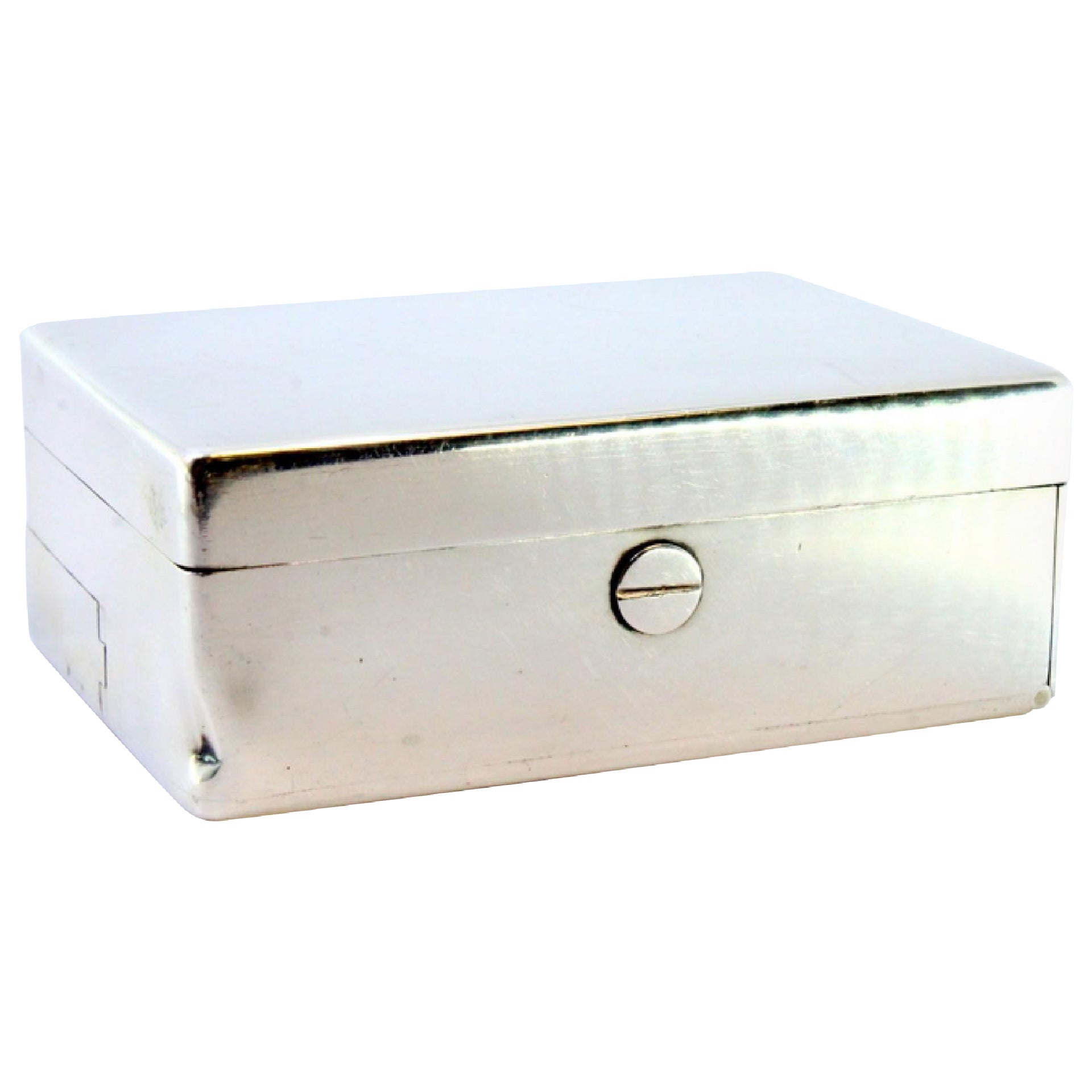 Silver toiletry box for lipstick, candle and matches with gold interior