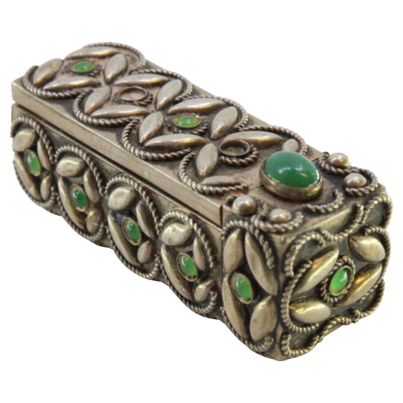 Silver toiletry box with engravings and cabochon application and internal mirror