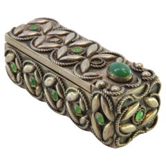 Silver toiletry box with engravings and cabochon application and internal mirror