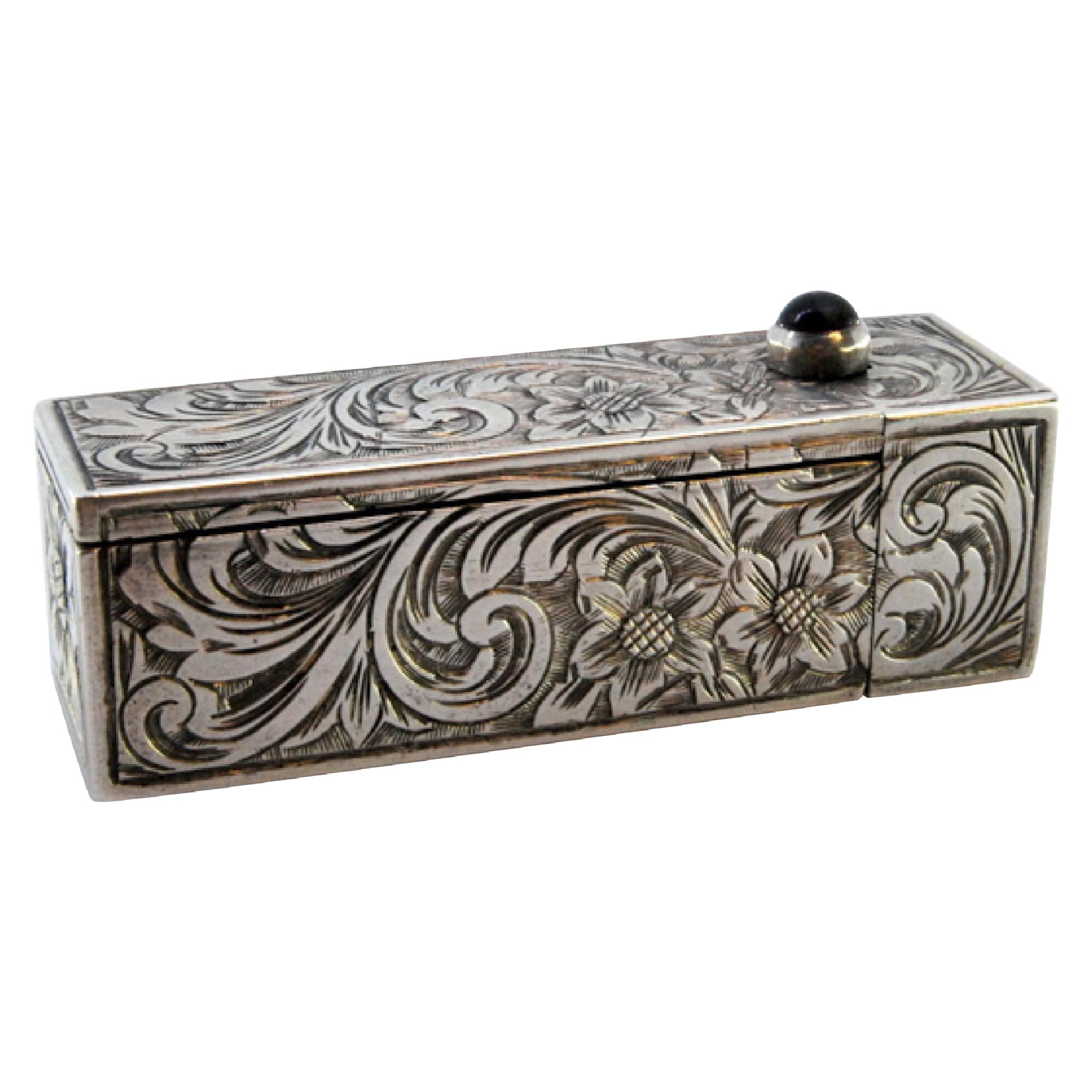 Silver toiletry box with engravings, red cabochon and mirror lipstick
