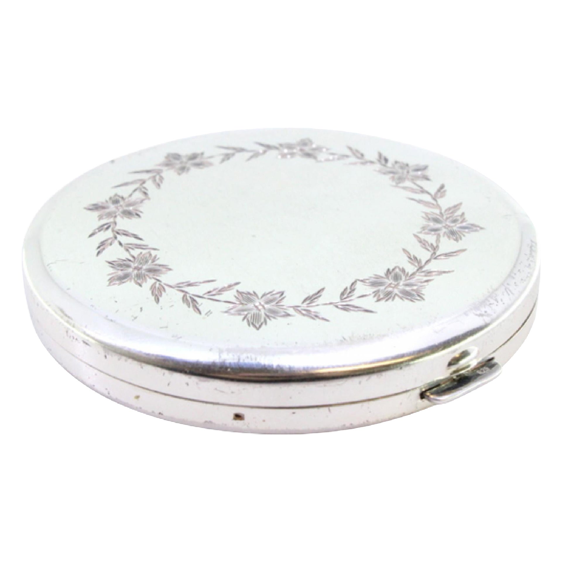 Silver toiletry box with floral engraved lid, mirror and guilloche base