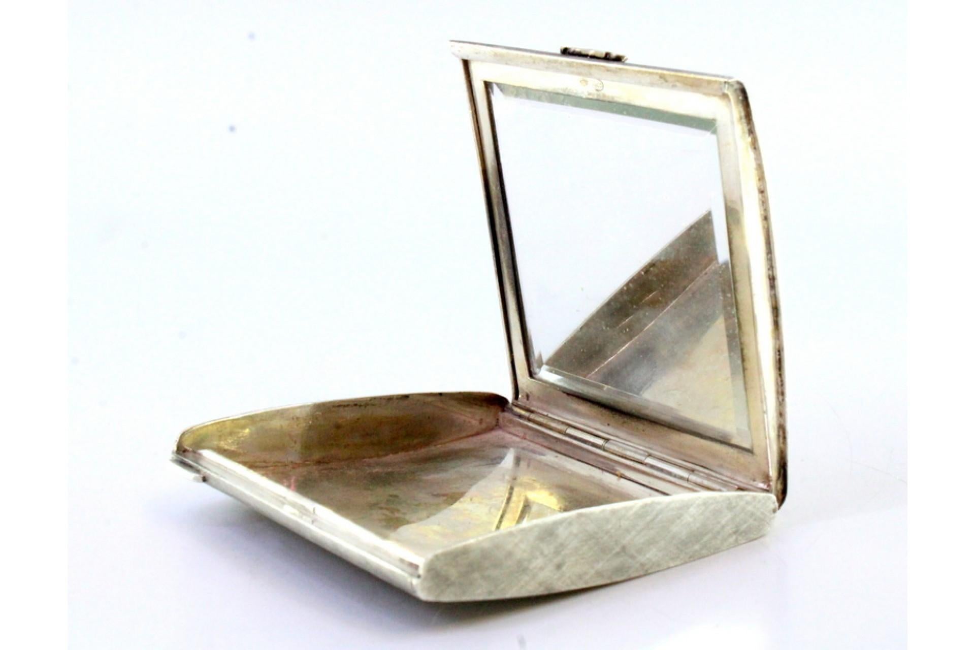 European Silver toiletry box with gold clasp and synthetic stones and mirror inside For Sale
