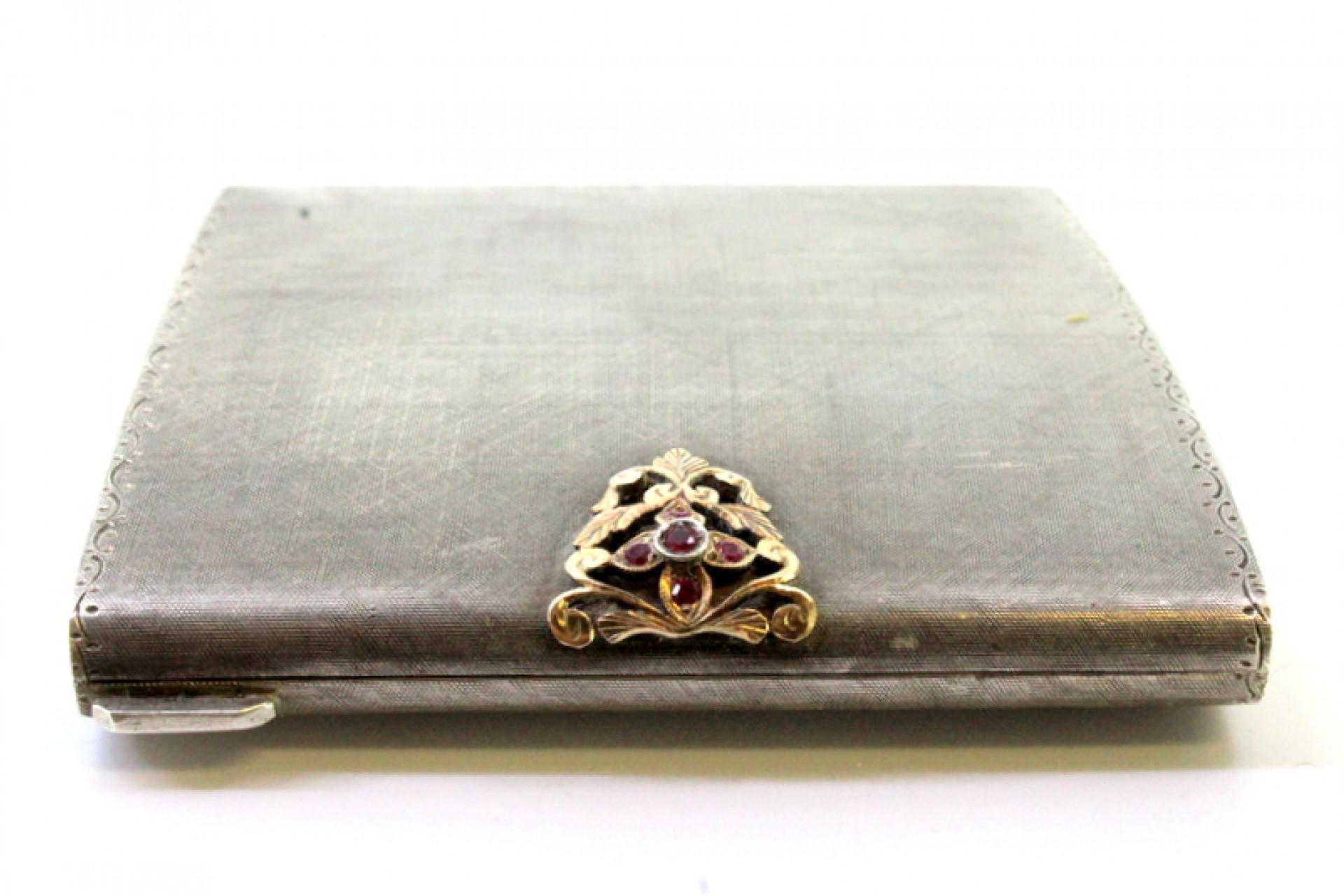 20th Century Silver toiletry box with gold clasp and synthetic stones and mirror inside For Sale