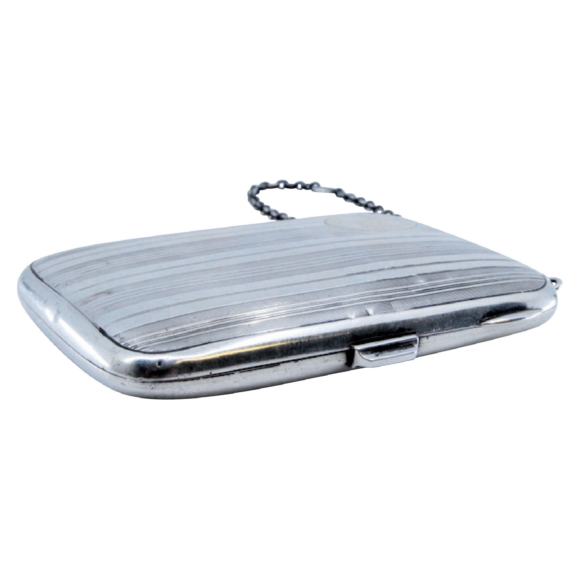Silver toiletry box with mirror inside, tobacco container and utility chain
