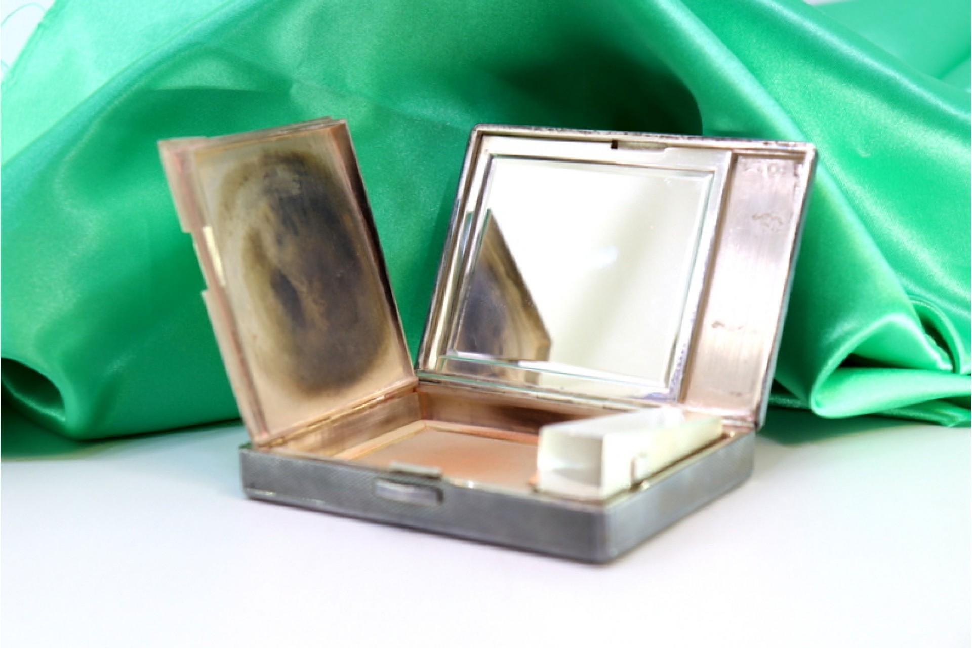Description: Silver toiletry box with mirror, lipstick holder and powder container. Metal: Silver. Origin: French. Brand: Tête Minerve. Weight: 237.01 grams. Dimensions: 8.5cmx6cm. Content: 950/1000. Assay Mark: Yes, since 1838. Additional