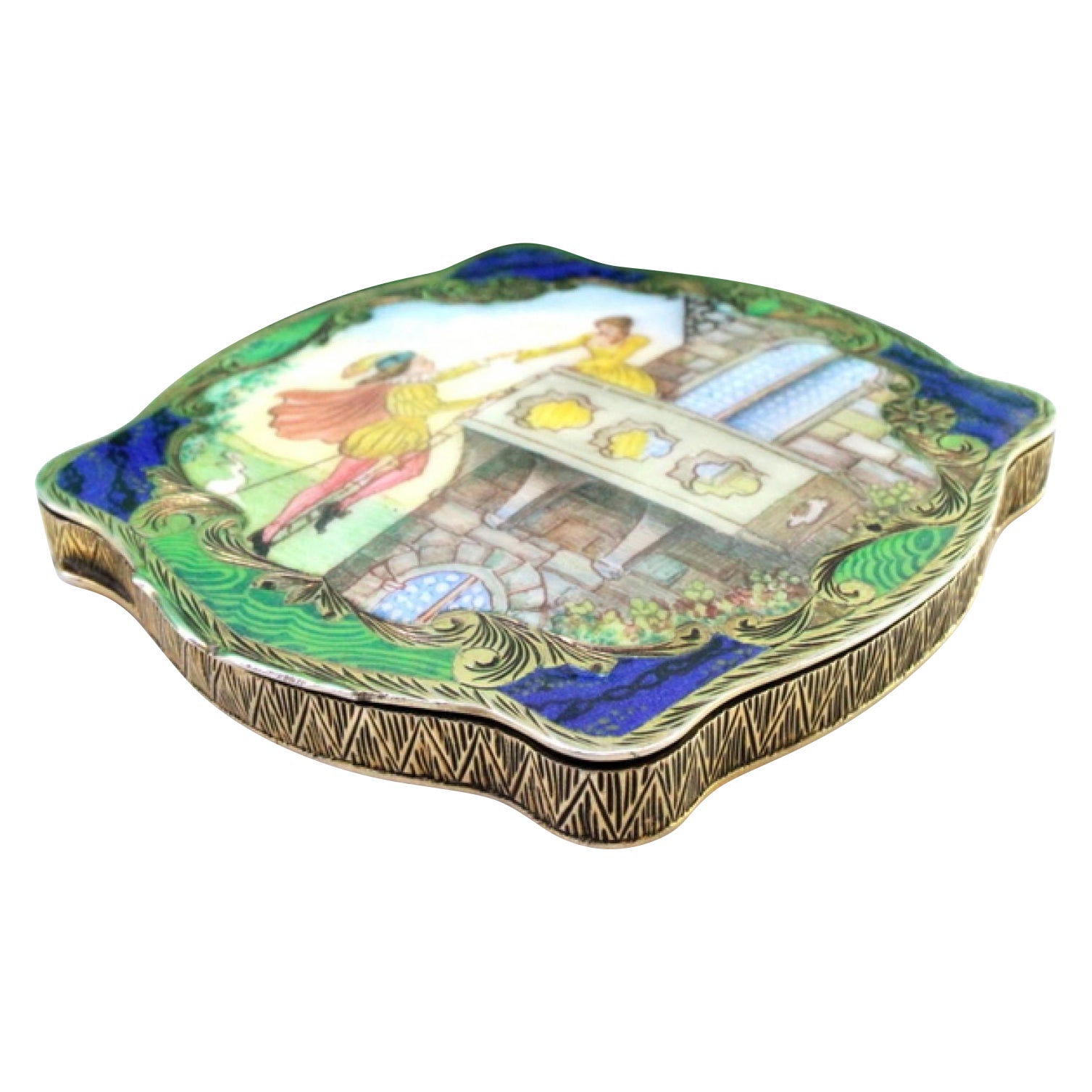 Silver toiletry box with wreaths and idyllic enamel scene, mirror inside