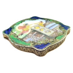 Silver toiletry box with wreaths and idyllic enamel scene, mirror inside