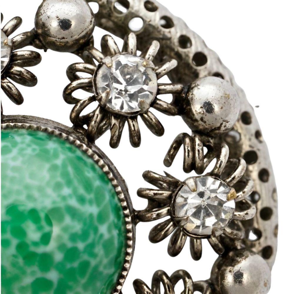 Silver Tone and Green Glass Brooch with Clear Rhinestones In Good Condition In London, GB