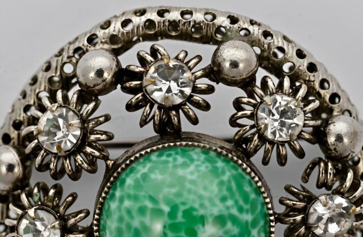 Women's or Men's Silver Tone and Green Glass Brooch with Clear Rhinestones
