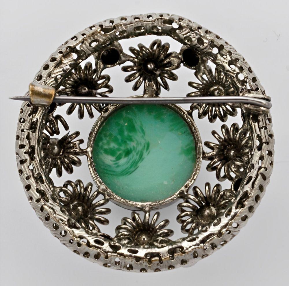 Silver Tone and Green Glass Brooch with Clear Rhinestones 1