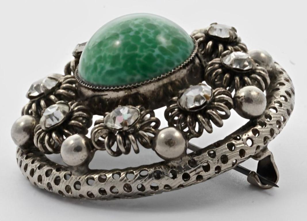Silver Tone and Green Glass Brooch with Clear Rhinestones 2