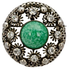 Silver Tone and Green Glass Brooch with Clear Rhinestones