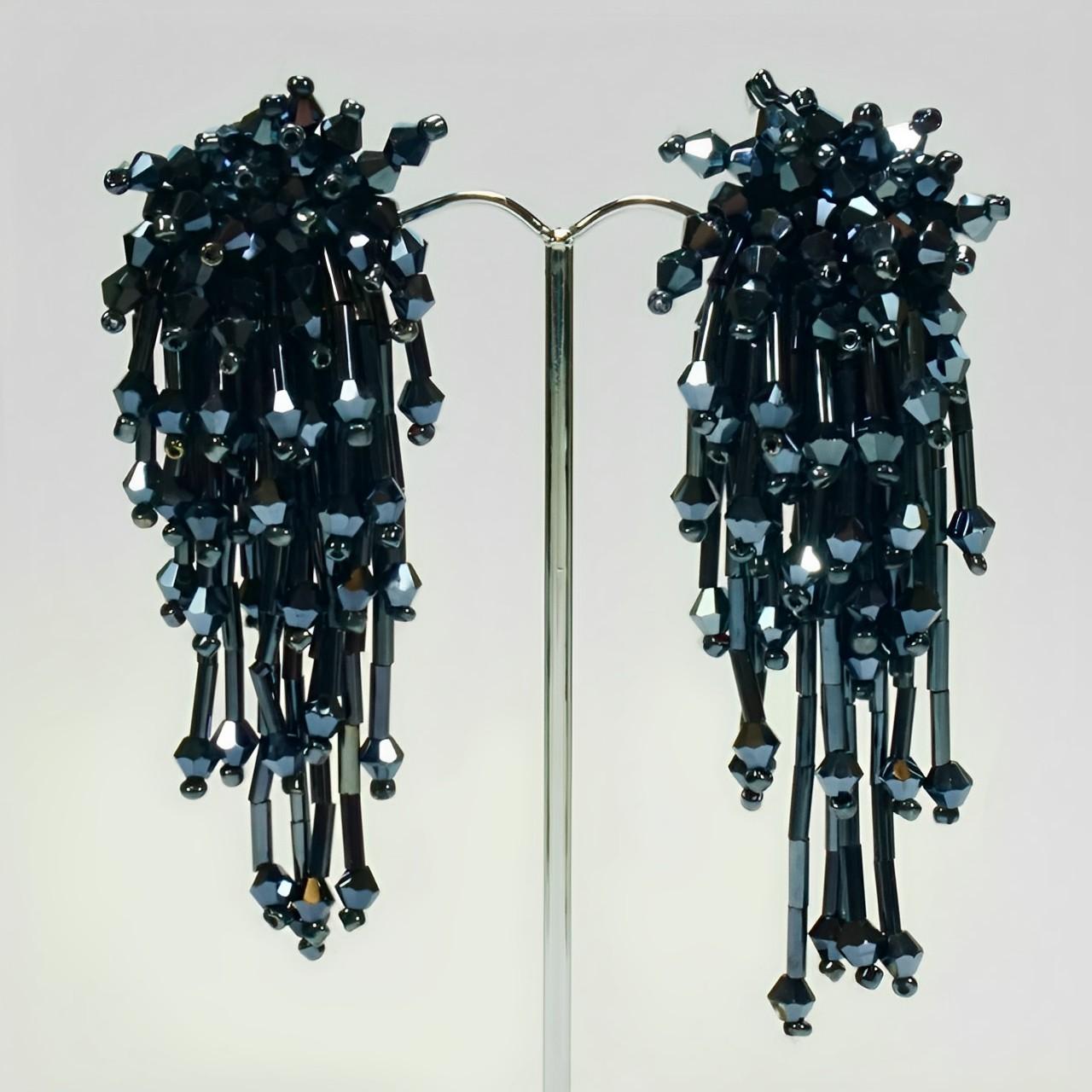 Women's or Men's Silver Tone and Grey Glass Beaded Dangle Earrings For Sale