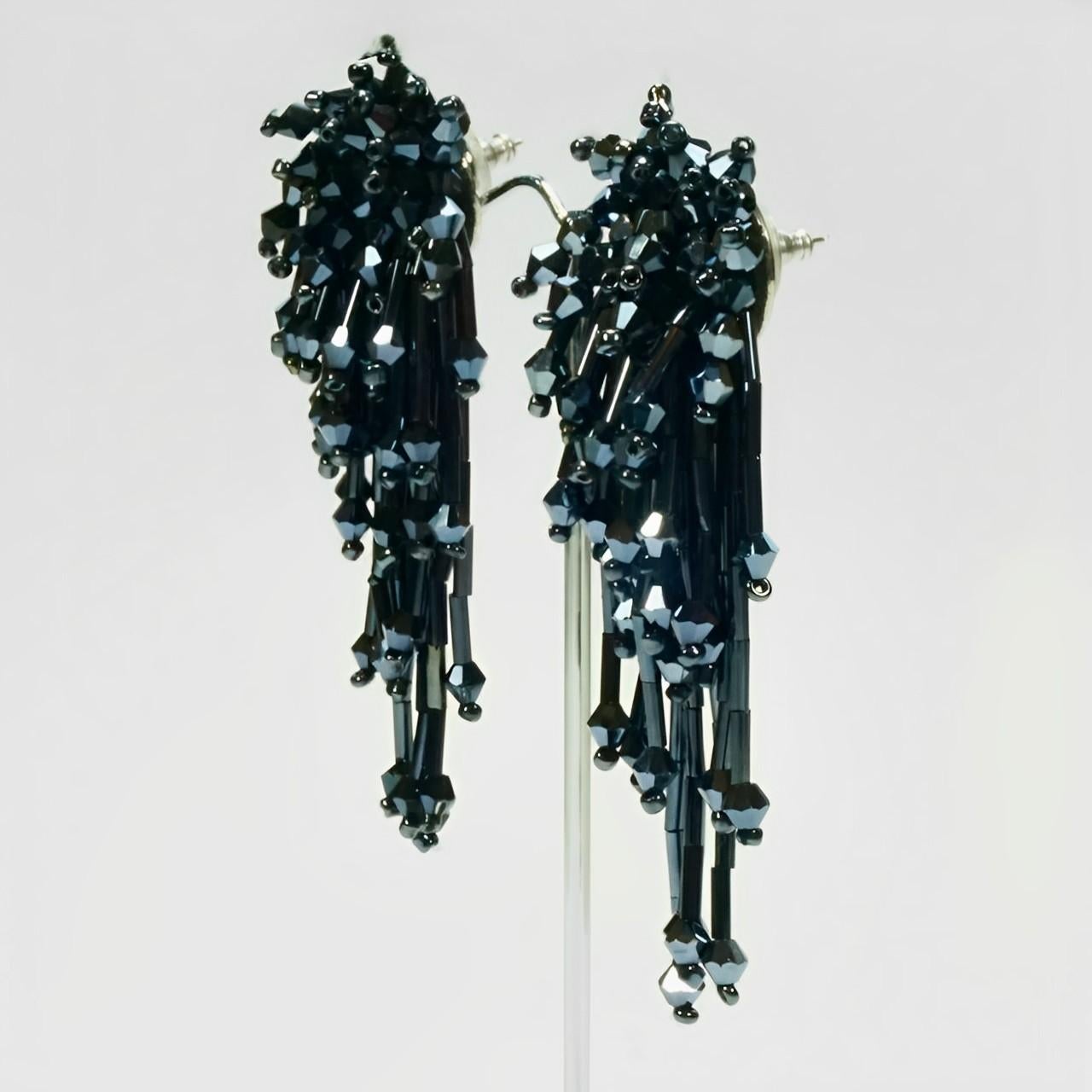 Silver Tone and Grey Glass Beaded Dangle Earrings For Sale 1